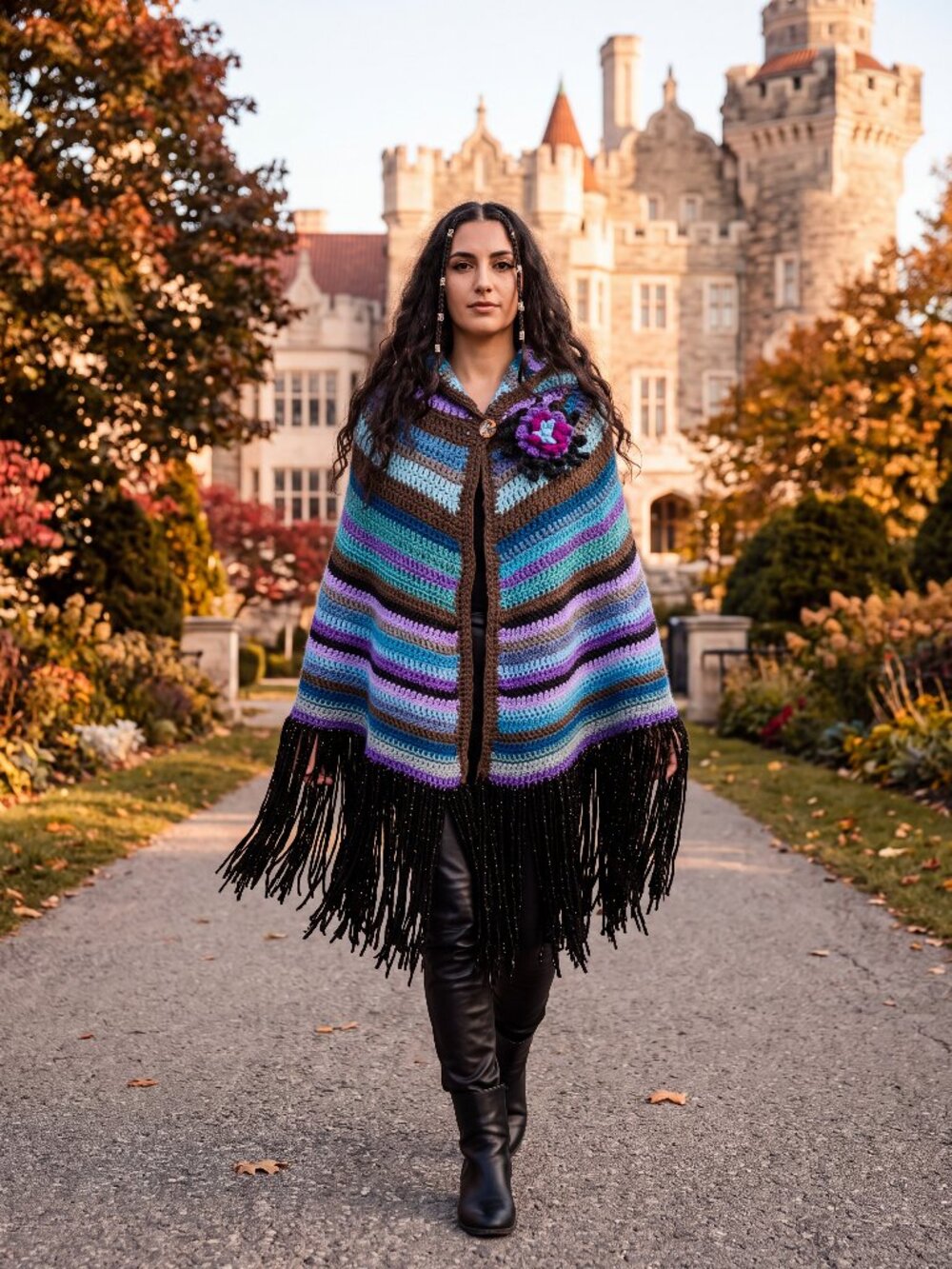 Multicolor Crochet Hooded Poncho Cape with Fringe